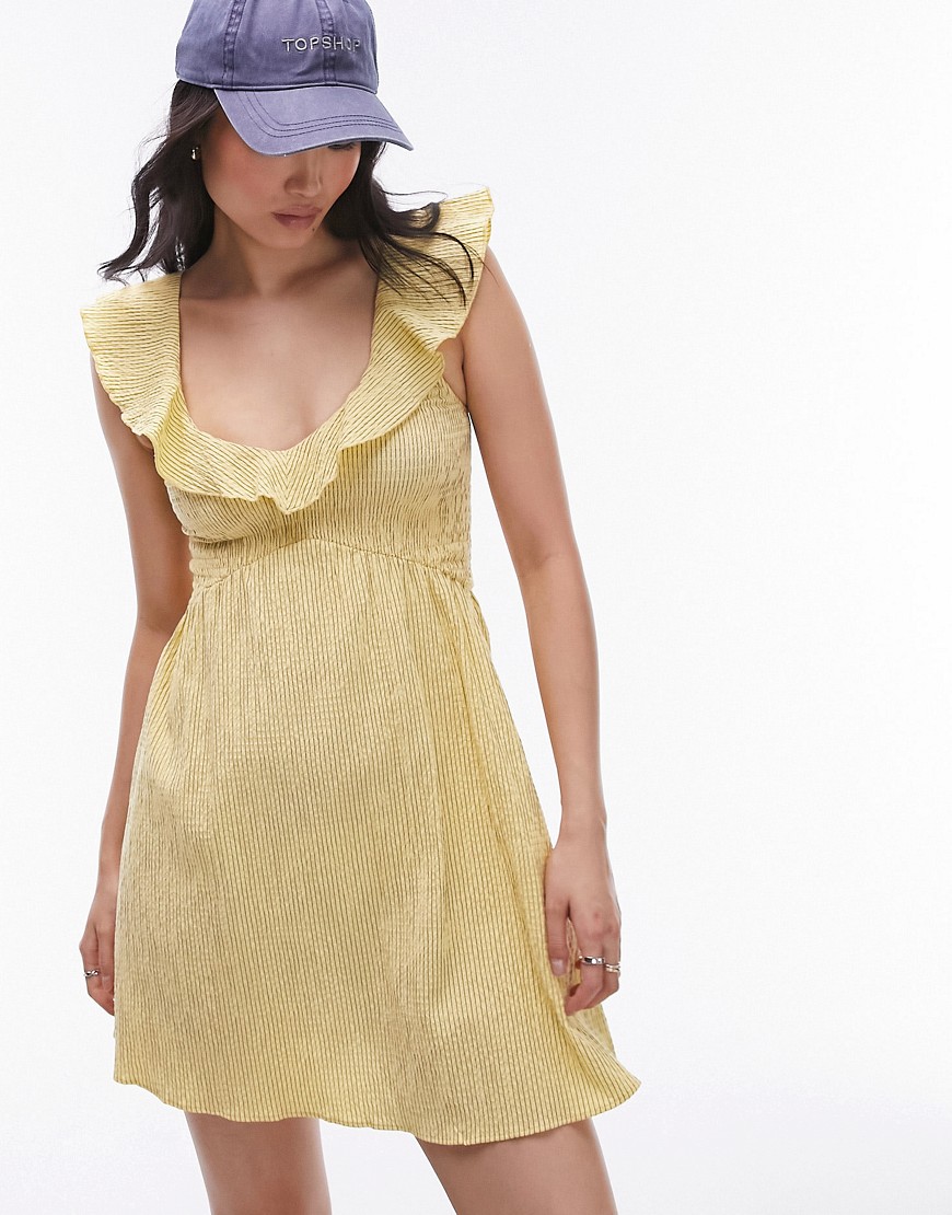textured mini shirred ruffle strap dress in yellow stripe