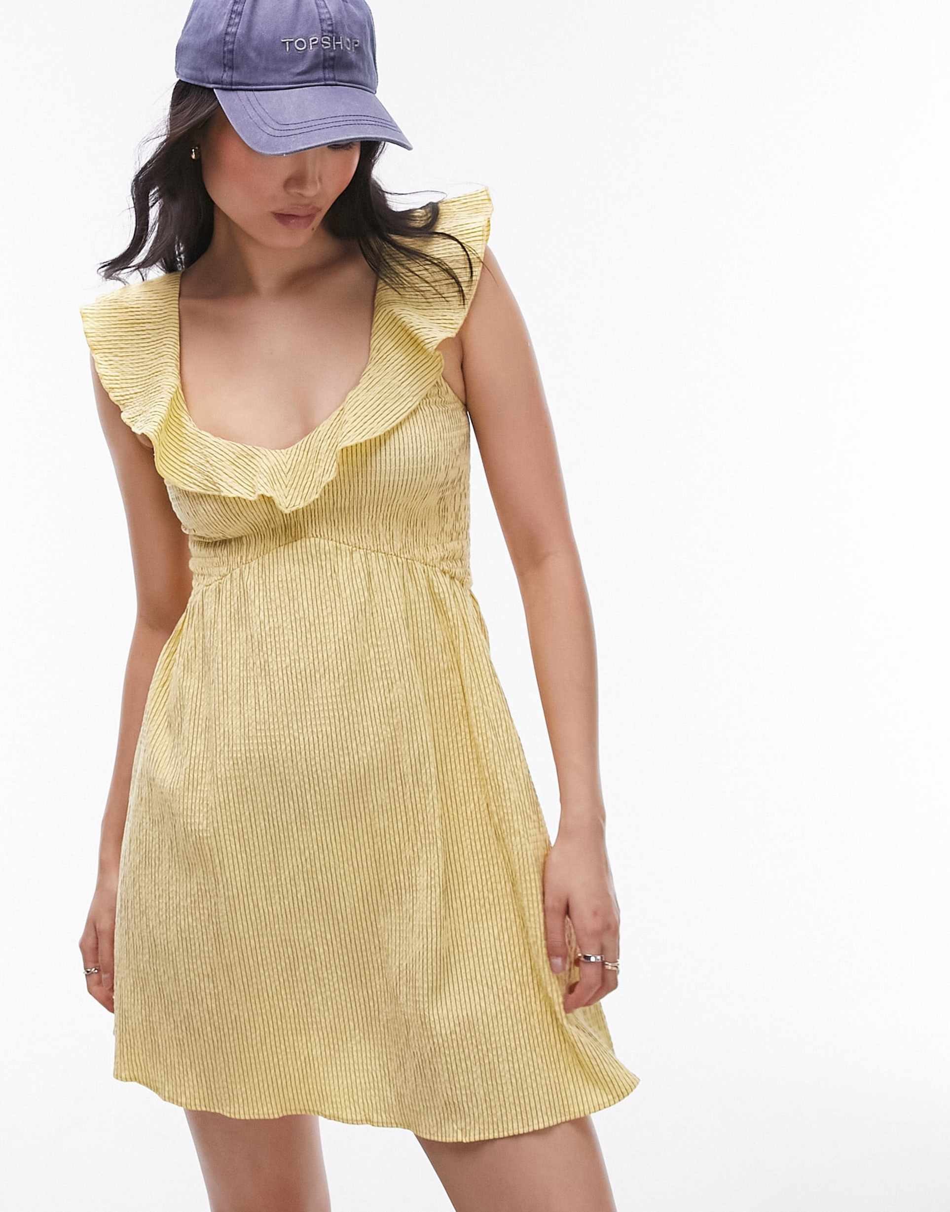 topshop textured mini shirred ruffle strap dress in yellow stripe