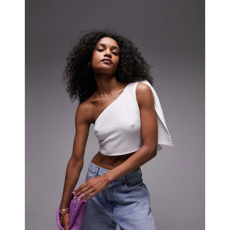 Topshop tie shoulder crop top in cream outlet