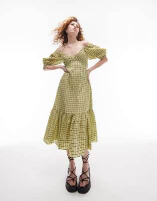 Topshop Textured Plaid Bust Cup Midi Dress In Lime-green