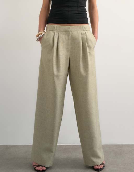 Topshop textured plain elasticated tailored trouser in stone, 5 of 5