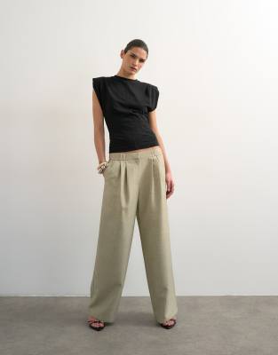 Topshop textured plain elasticized tailored pants in stone