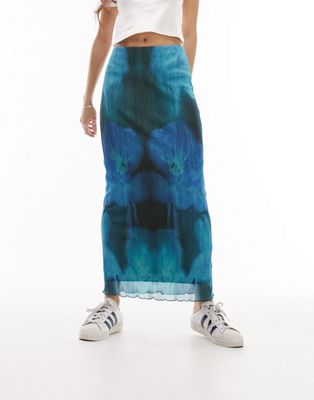 Topshop textured plisse blurred floral print midi skirt in blue