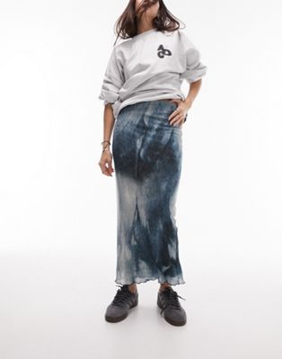 Topshop textured plisse blurred print midi skirt in blue | ASOS
