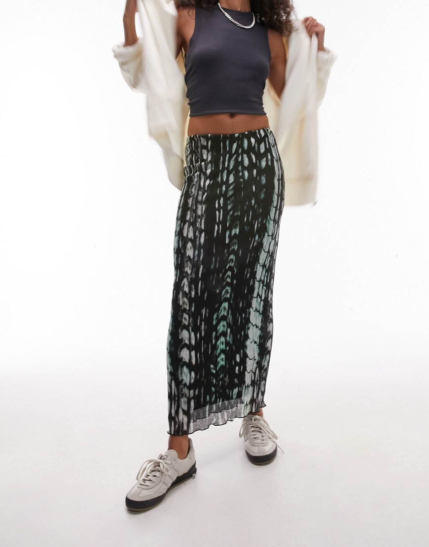 Topshop textured plisse blurred snake print midi skirt in multi