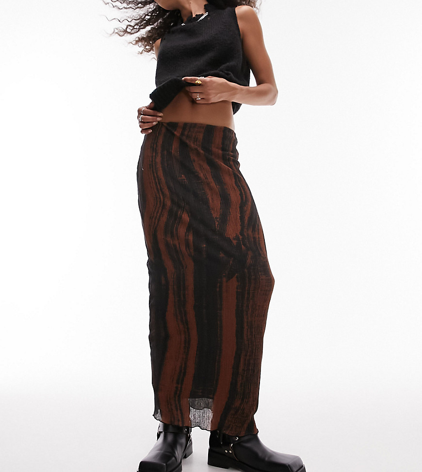 Topshop textured plisse curved line print midi skirt in rust-Orange