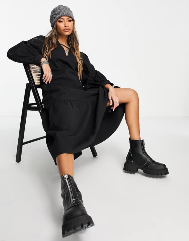 Topshop textured poplin chuck on dress in black