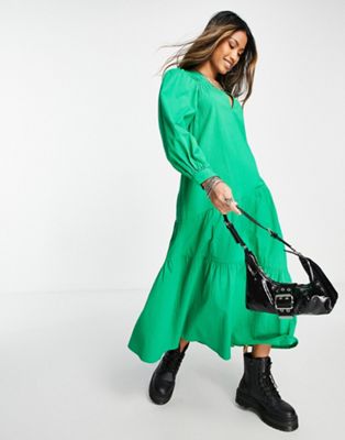 Topshop textured poplin chuck on dress in green  - ASOS Price Checker