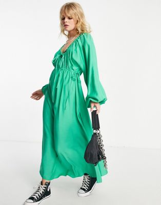 Topshop textured ruched channel midaxi dress in green