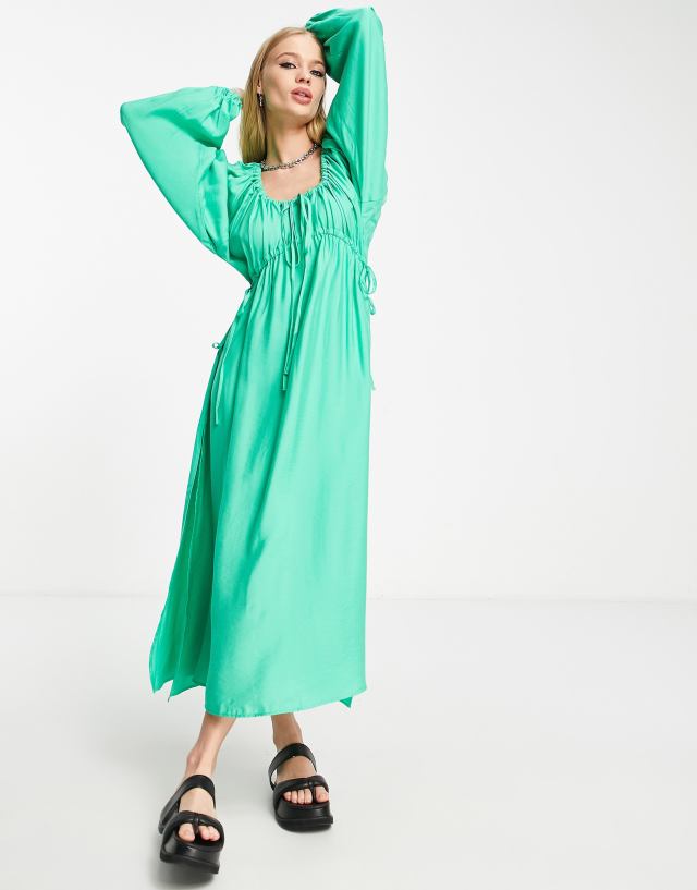 Topshop textured ruched channel midaxi dress in green