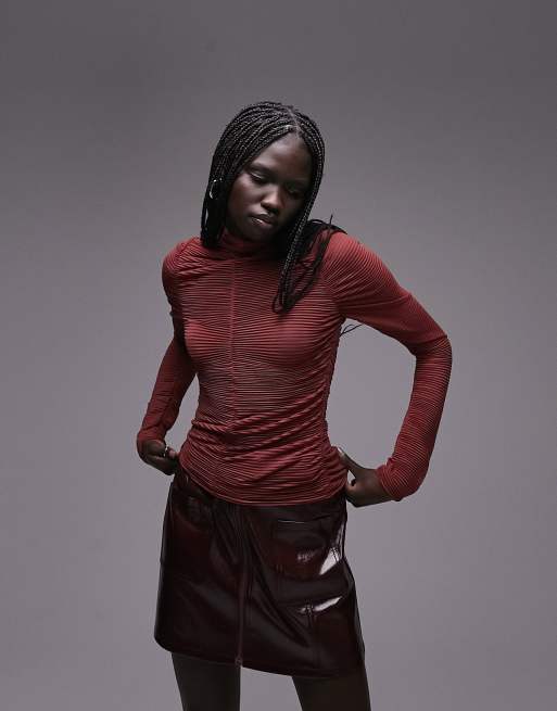 Topshop textured ruched long sleeve top in burgundy