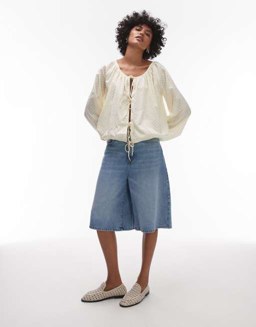 Topshop textured ruched neck tie front top in buttermilk