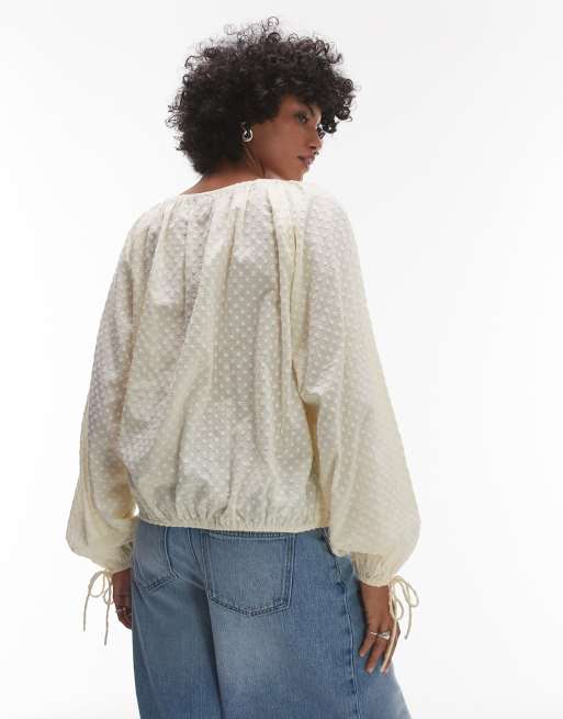 Topshop textured ruched neck tie front top in buttermilk