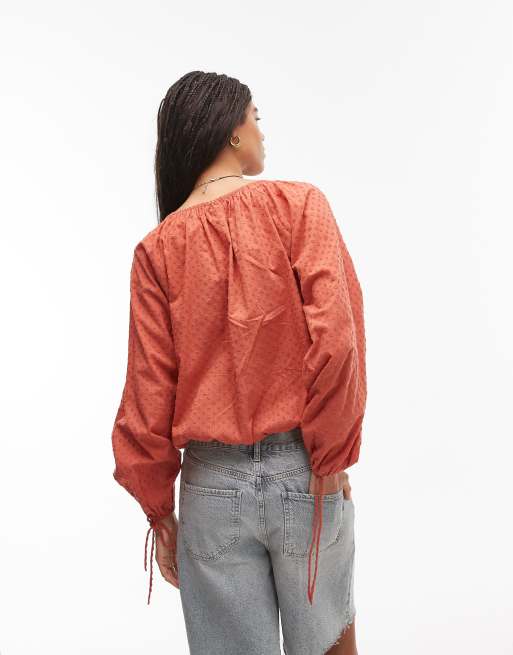 Topshop dobby ruched neck tie front top in rust