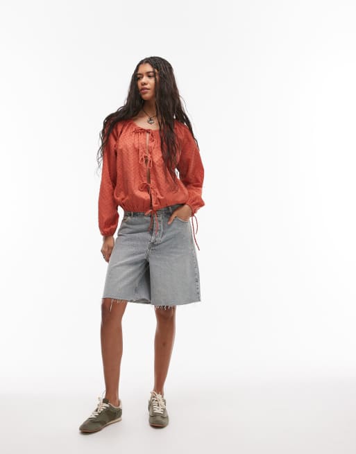 Topshop dobby ruched neck tie front top in rust