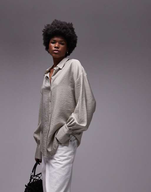 Topshop textured ruched sleeve shirt in sage