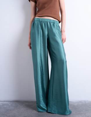 Topshop Textured Satin Low Rise Straight Leg Drawstring Pants In Blue