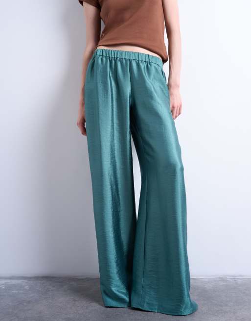 Topshop textured satin low rise straight leg pants in turquoise
