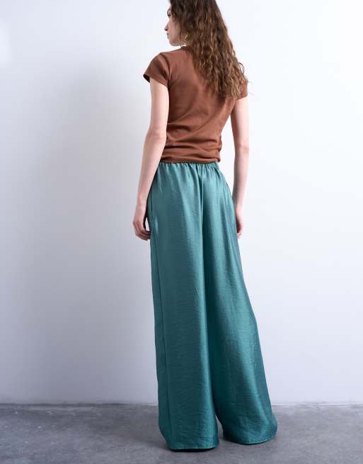 Topshop textured satin low rise straight leg pants in turquoise, 4 of 5