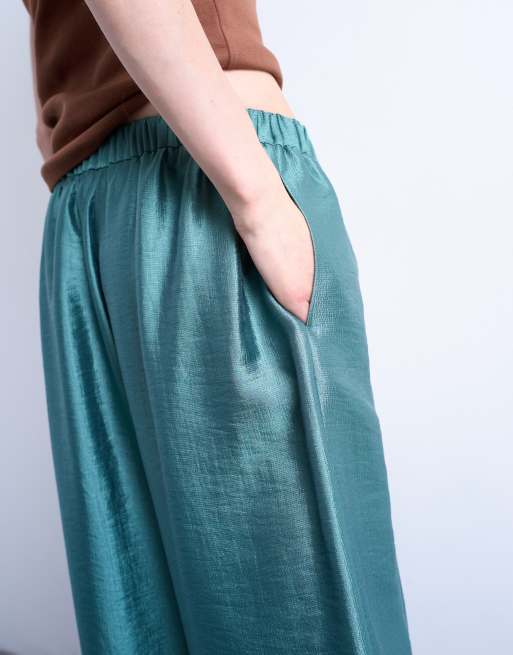 Topshop textured satin low rise straight leg pants in turquoise