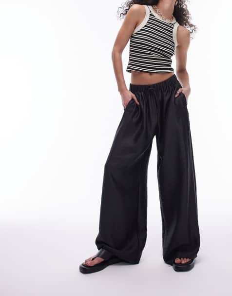 Topshop textured satin straight leg drawcord pants in black - view 1