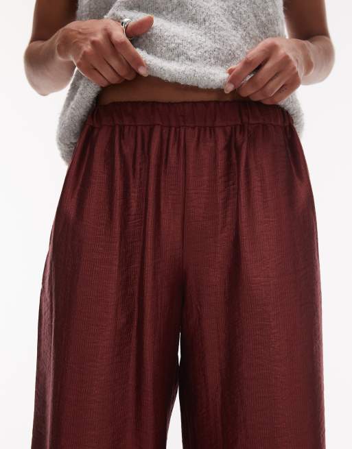 Topshop textured satin straight leg drawcord pants in burgundy