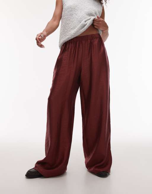 Topshop textured satin straight leg drawcord pants in burgundy