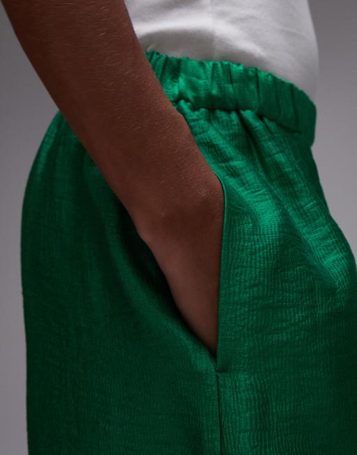 Topshop textured satin straight leg drawcord pants in green, 2 of 5