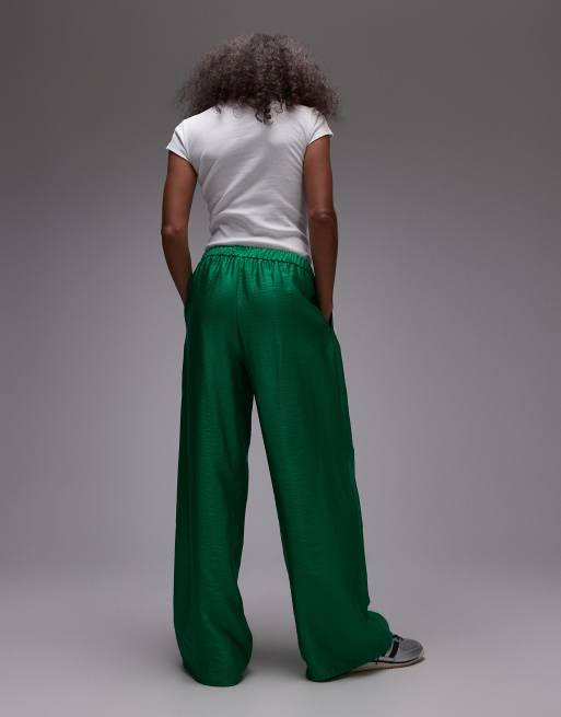 Topshop textured satin straight leg drawstring pants in green