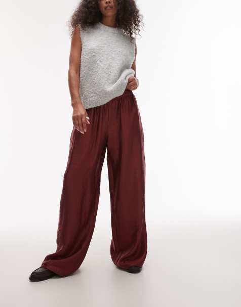 Topshop textured satin straight leg drawcord trouser in burgundy - view 1
