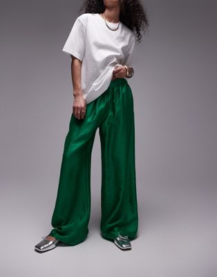 Topshop textured satin straight leg drawcord trouser in green