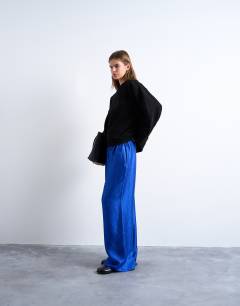 Textured satin straight leg drawcord trouser in mid blue
