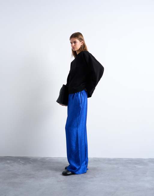 Topshop textured satin straight leg drawcord trouser in mid blue