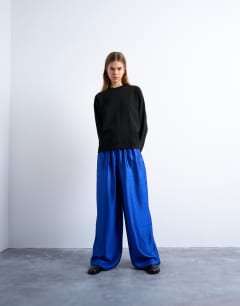 Model wearing Textured satin straight leg drawcord trouser in mid blue