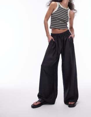 Topshop Textured Satin Straight Leg Drawstring Pants In Black-brown In Brown