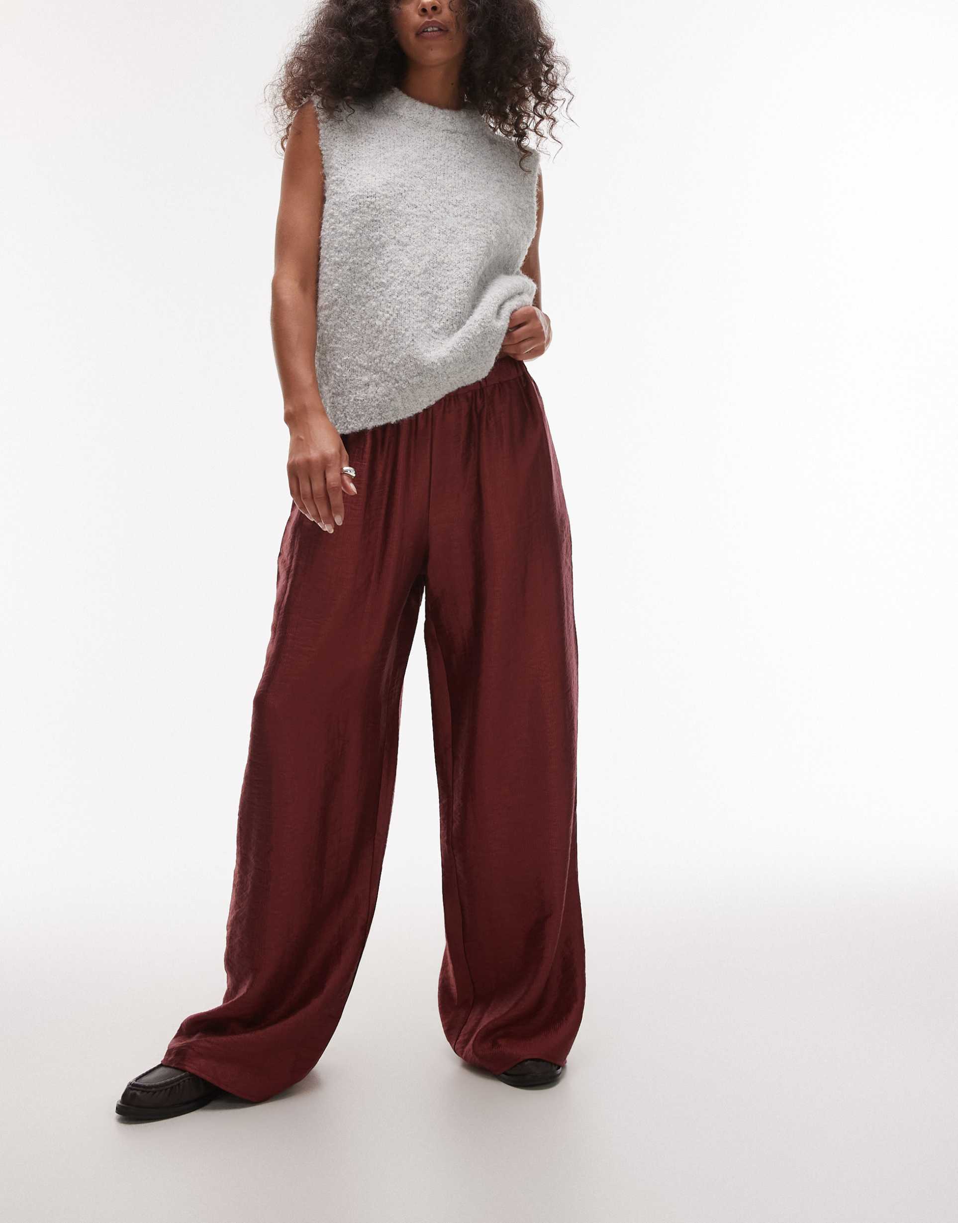topshop textured satin straight leg drawstring pants in burgundy