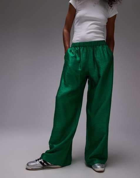 Topshop textured satin straight leg drawstring pants in green - view 1