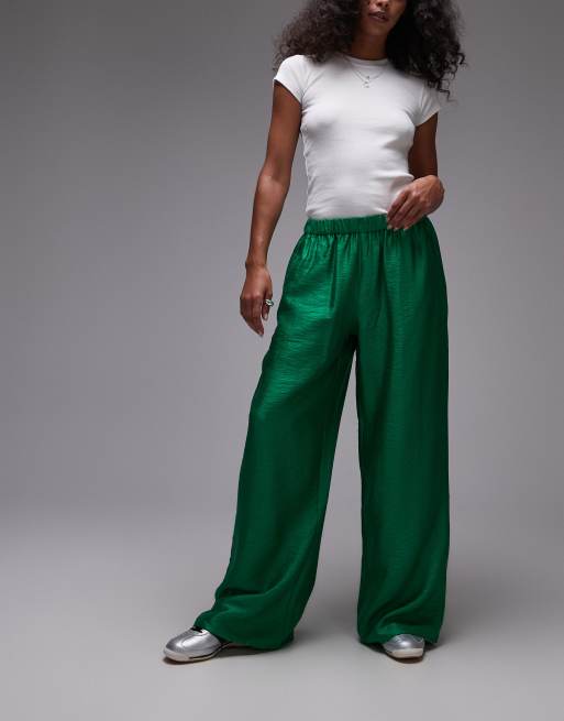 Topshop textured satin straight leg drawstring pants in green, 3 of 5