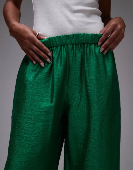 Topshop textured satin straight leg drawstring pants in green, 4 of 5
