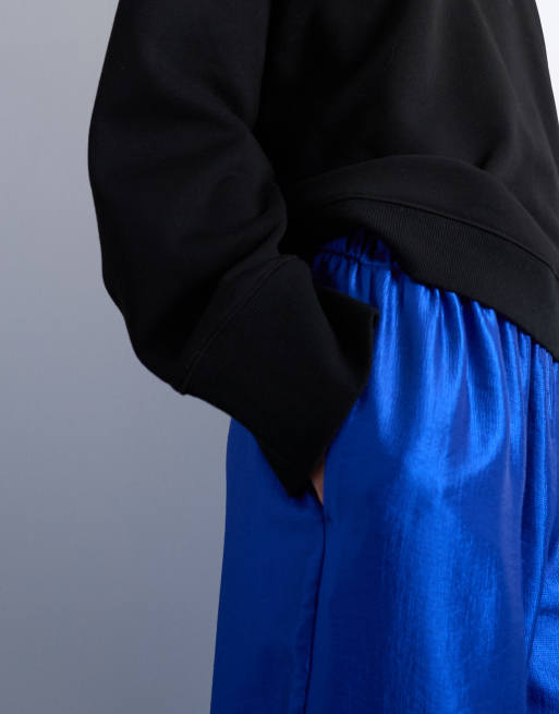 Topshop textured satin straight leg pants in mid blue