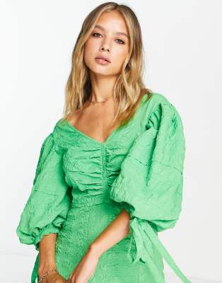 Topshop textured seersucker puff sleeve midi dress in green | ASOS