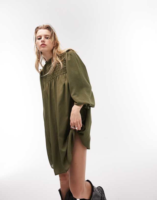 Topshop textured seersucker smock mini dress in khaki