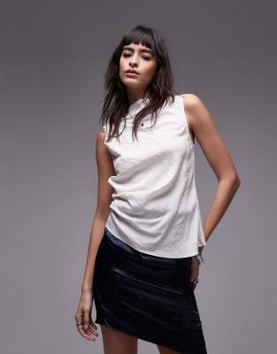 Topshop Textured Sleeveless High Neck Top In Ivory-white In White