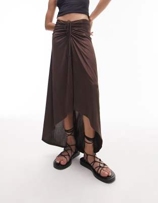 Shop Topshop Textured Slinky Ruched Front Jersey Midi Skirt In Chocolate-brown