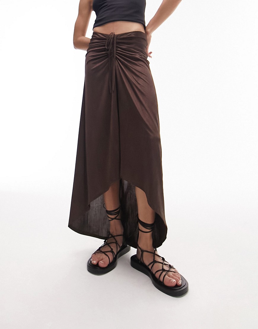 Topshop textured slinky ruched front jersey midi skirt in chocolate-Brown