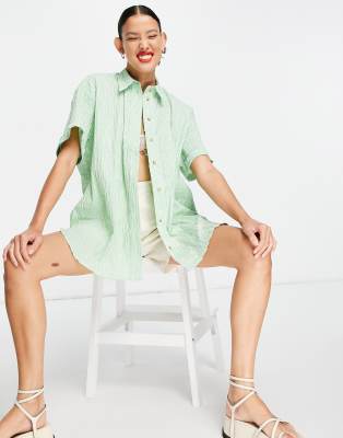 Topshop textured stripe oversized shirt in green