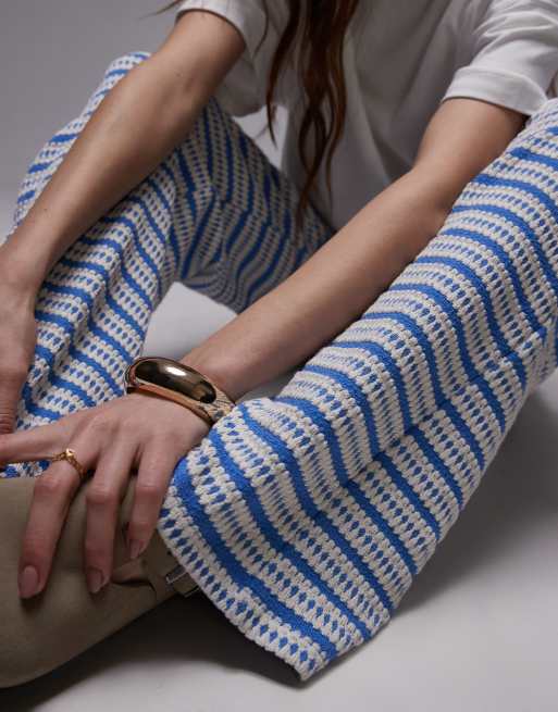 Topshop textured stripe wide leg pants in blue