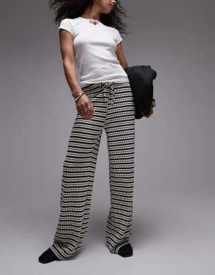 Topshop Textured Striped Wide Leg Pants In Black