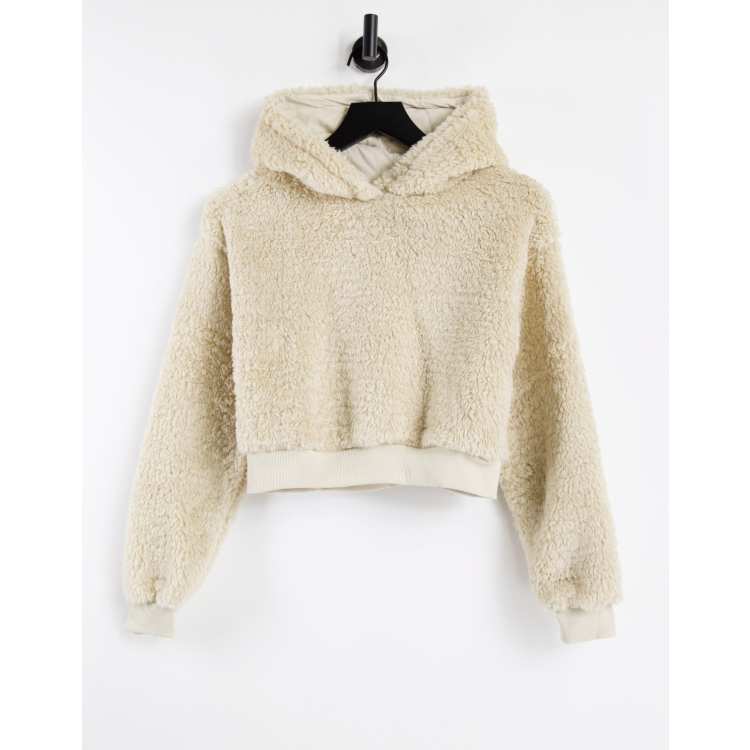 Topshop textured teddy hoodie in stone ASOS