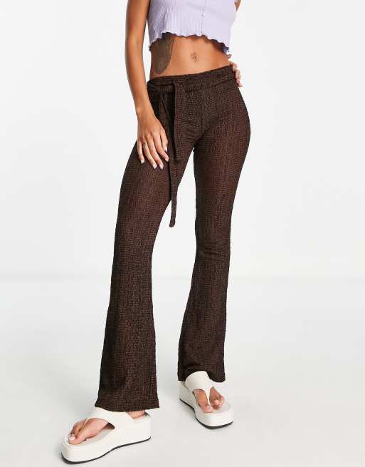 Topshop textured tie front flare pants in chocolate